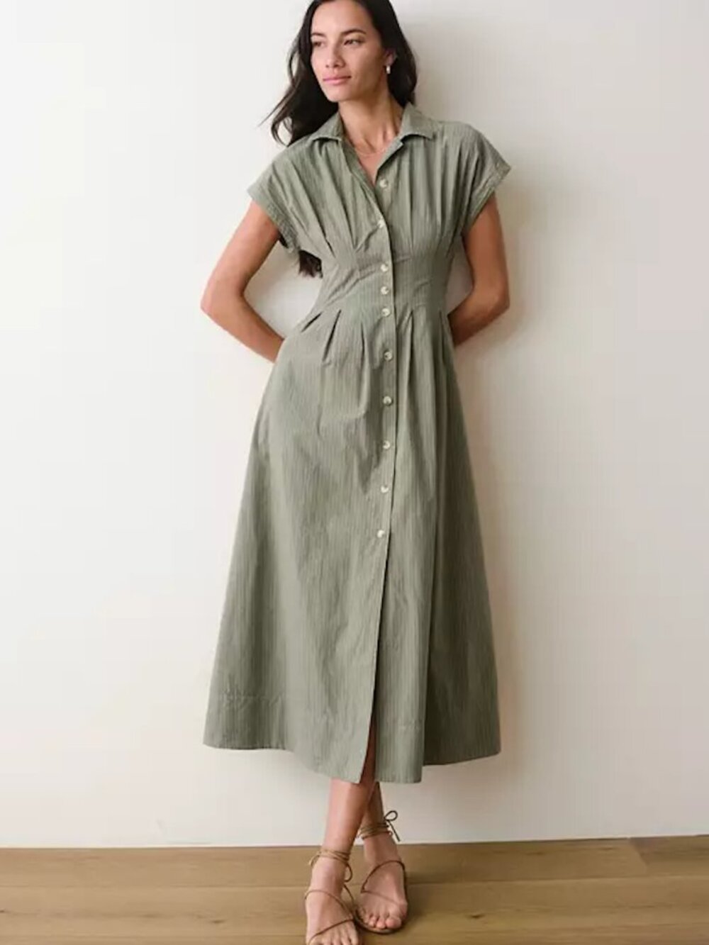 Marine Layer Arden Midi Shirt Dress Extra Small Olive/Navy Stripe XS NWOT